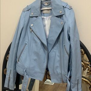 Soia & Kyo Light Blue  Lambskin Leather Moto Biker Jacket